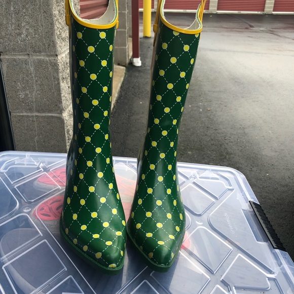 Stadium Stompers Women's Green Yellow Rubber Wellies knee High Boots Size 6 - Picture 2 of 13